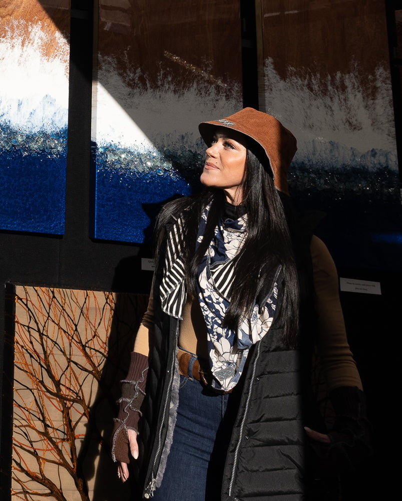 Upcycled corduroy Camel skirt turned into an Adult OS bucket