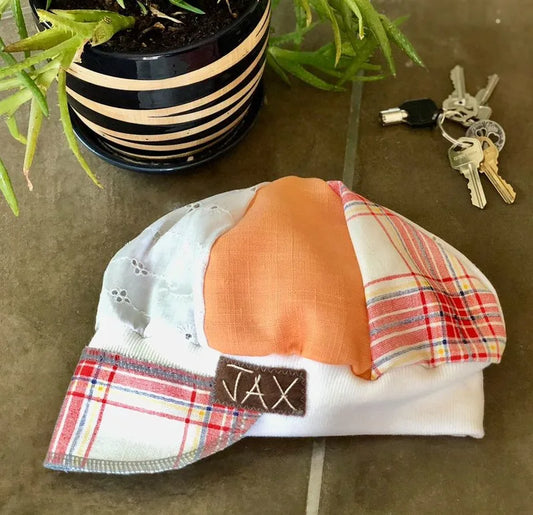 Upcycled peach picnic and cream lace Newsboy cap