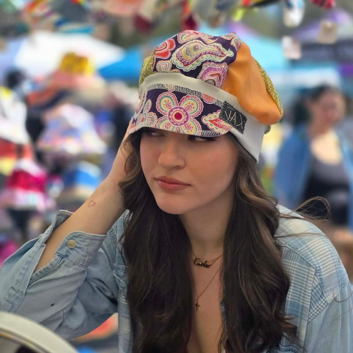 The Spring Purple Floral, green, and orange Upcycled cotton from material used for masks (98% cotton)