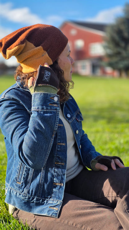 Upcycled Brown and green wool sweater fingerless gloves