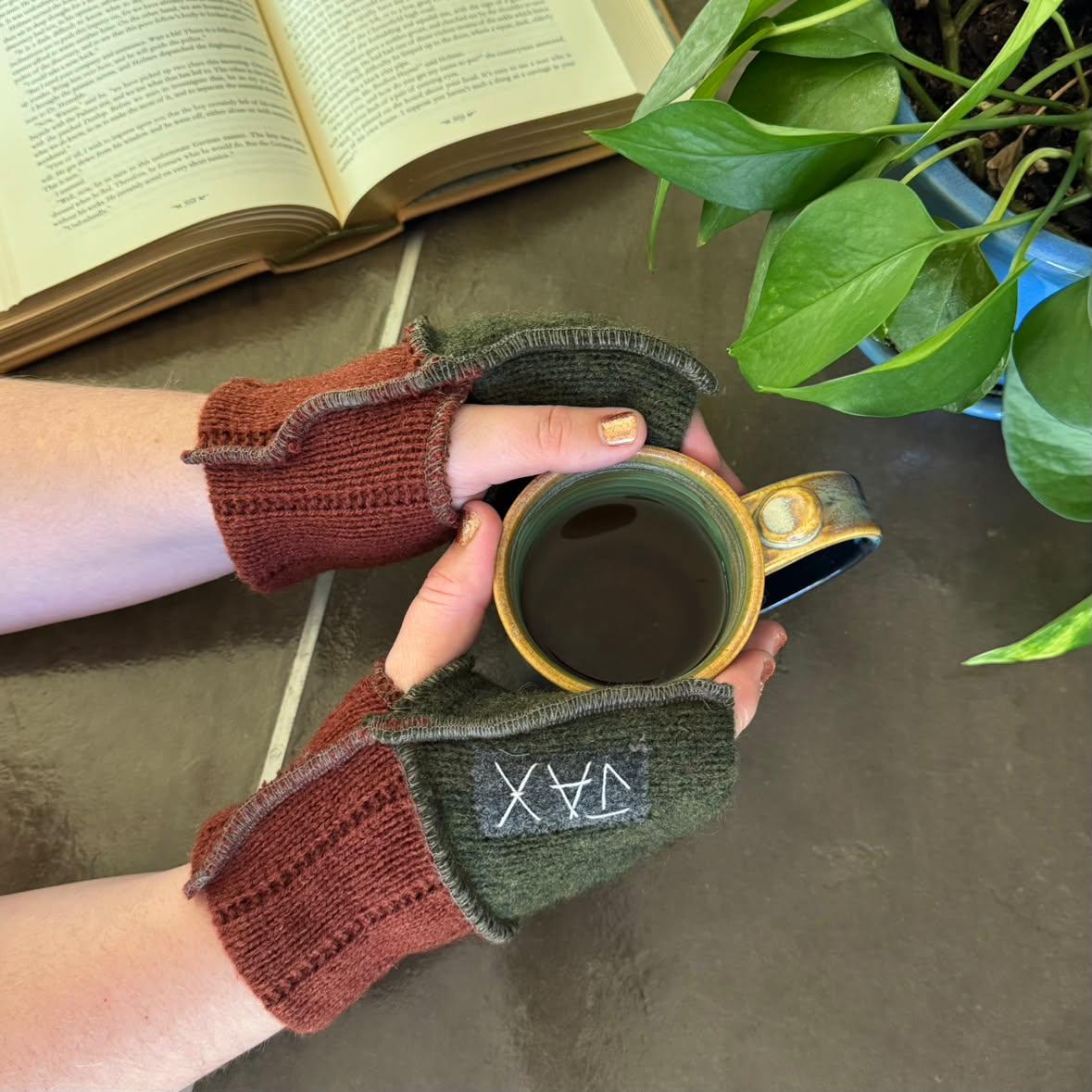 Upcycled Green and Rust wool sweater fingerless gloves (Copy)
