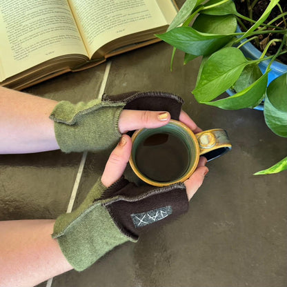 Upcycled Brown and green wool sweater fingerless gloves