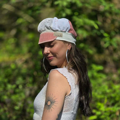 The Spring sweetest Upcycled lace curtain, floral linens Newsboy cap (98% cotton)