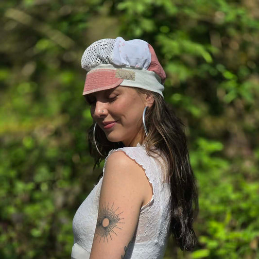 The sweetest Upcycled lace curtain, floral linens Newsboy cap (98% cotton)