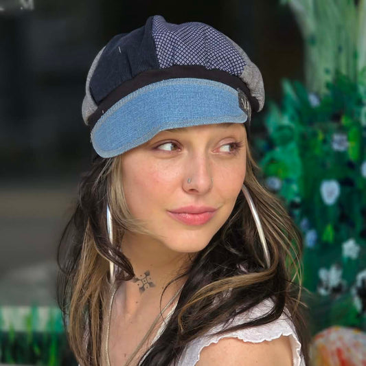 The Spring blue Upcycled men's shirt, and corduroy pants Newsboy cap