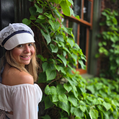 White and Cream Upcycled vintage table cloths lace Newsboy cap