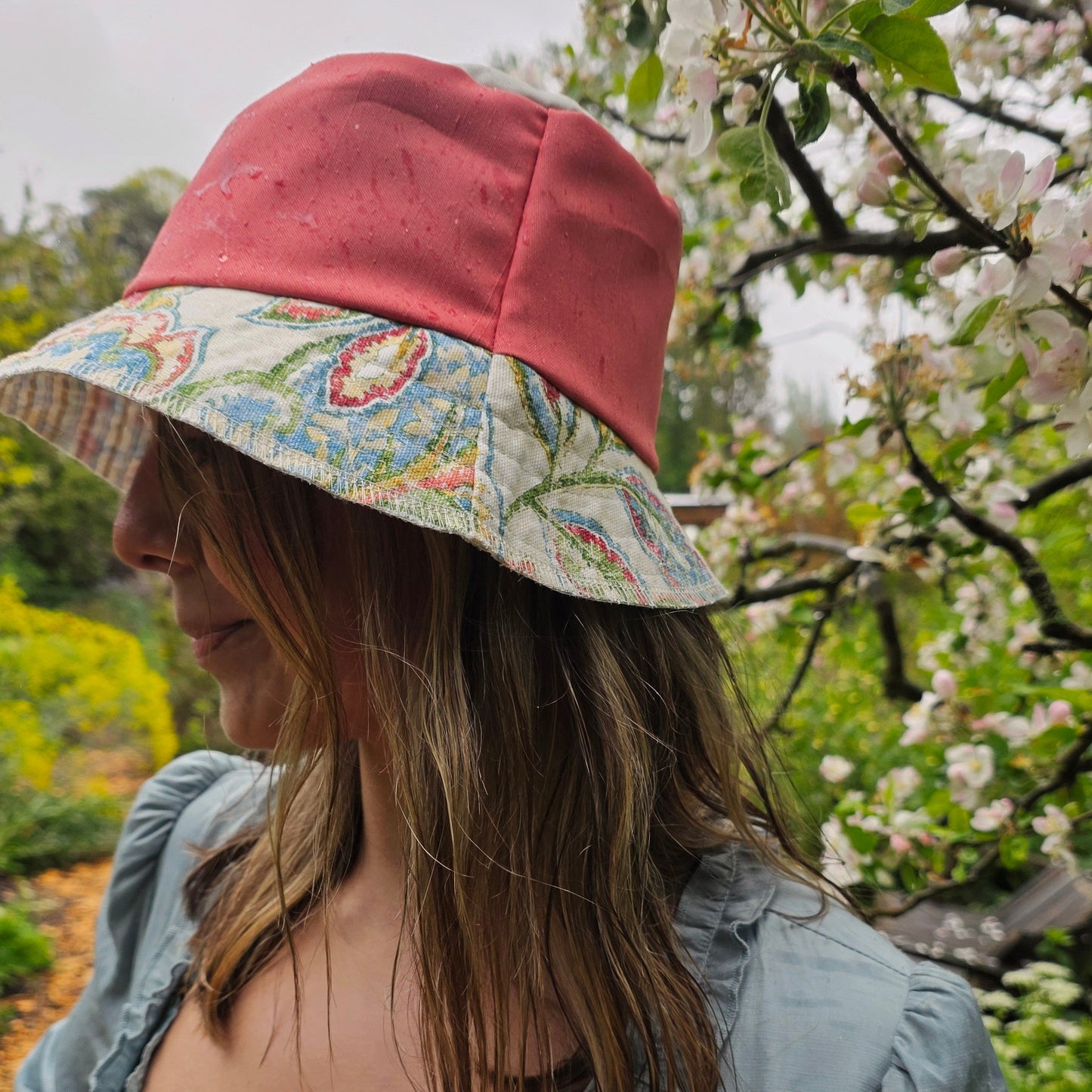 Upcycled Linen Floral Paisley Reversible Bucket