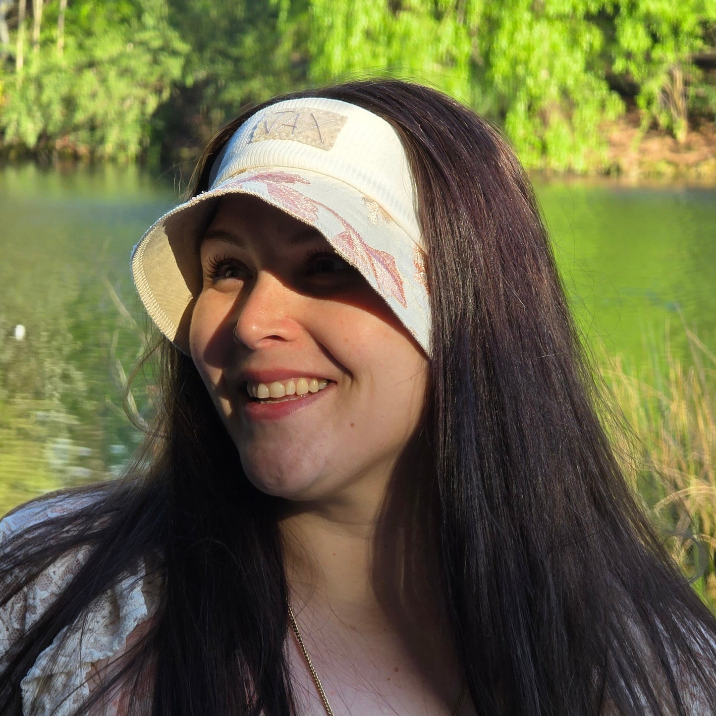 Upcycled Khaki pant with Vintage pink Lace reversible Visor