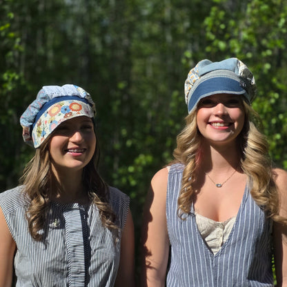 Upcycled Denim and yellow florals stretch Newsboy