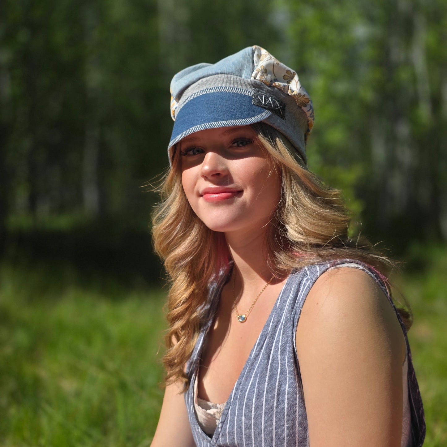 Upcycled Denim and yellow florals stretch Newsboy