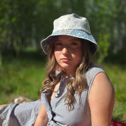 Upcycled Blue Lace denim Reversible Bucket