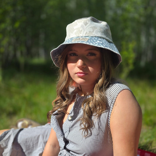 Upcycled Blue Lace denim Reversible Bucket
