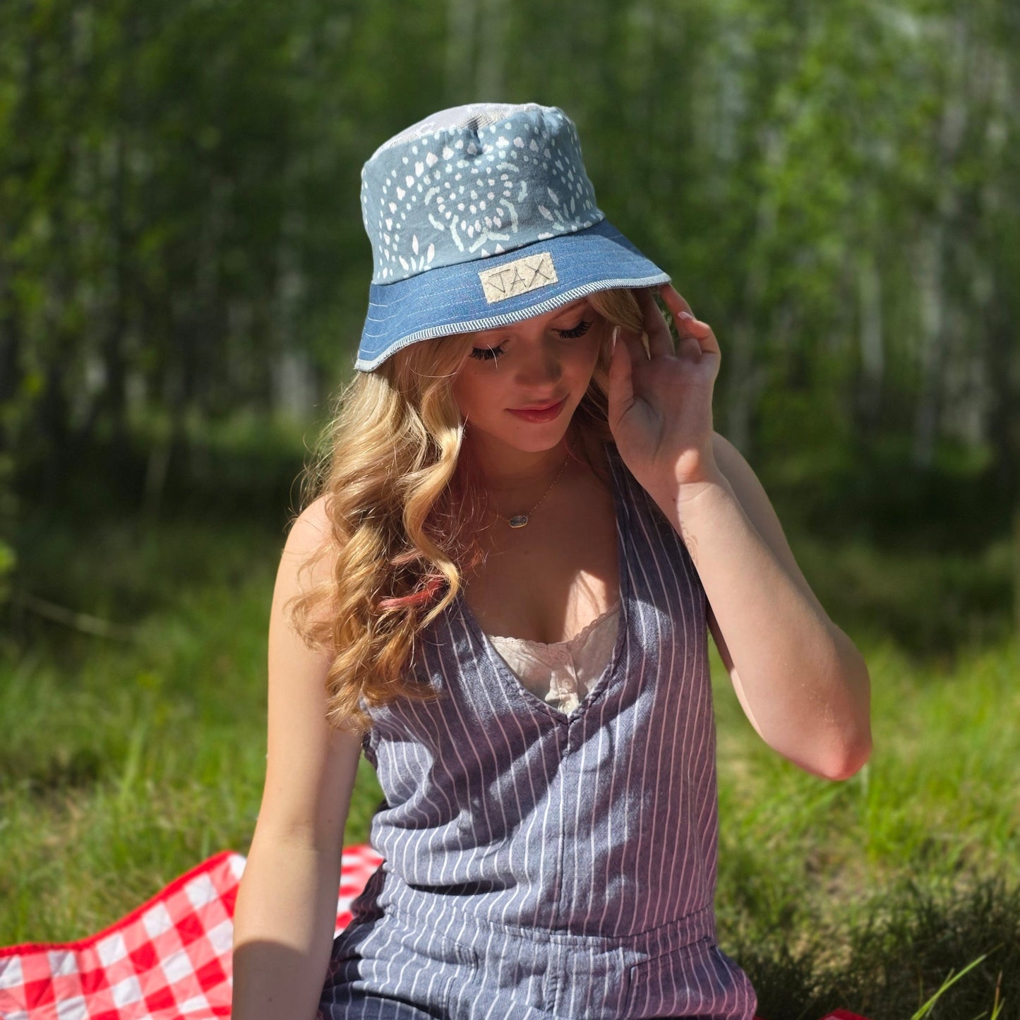 Upcycled Blue flower denim Reversible Bucket