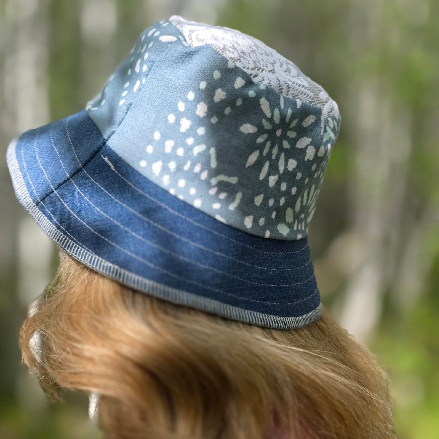 Upcycled Blue flower denim Reversible Bucket