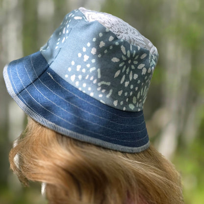 Upcycled Blue flower denim Reversible Bucket