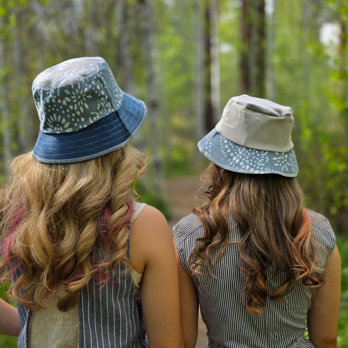 Upcycled Blue flower denim Reversible Bucket
