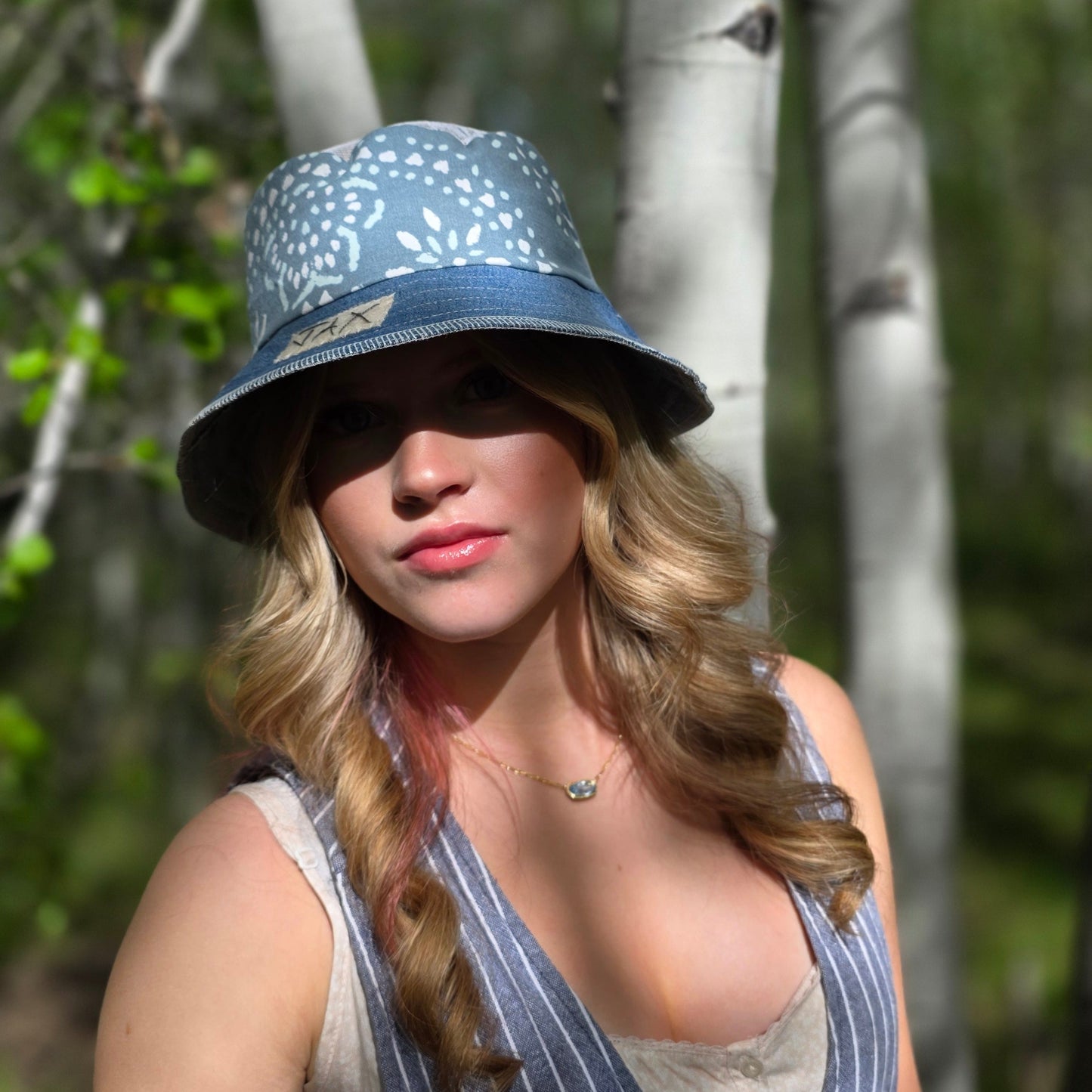 Upcycled Blue flower denim Reversible Bucket