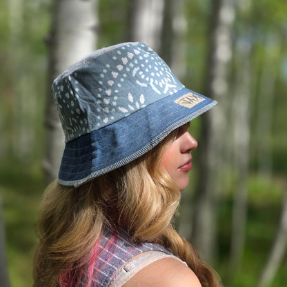 Upcycled Blue flower denim Reversible Bucket