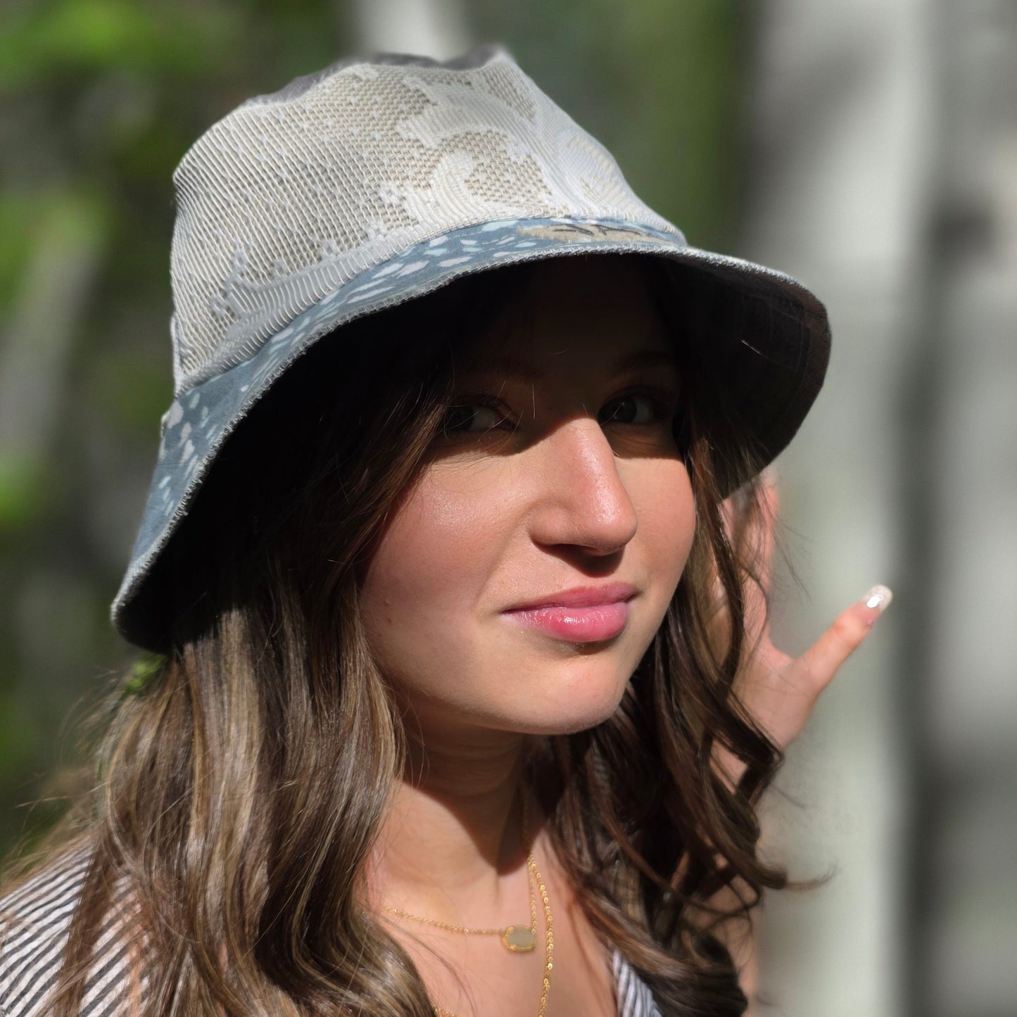 Upcycled Blue Lace denim Reversible Bucket