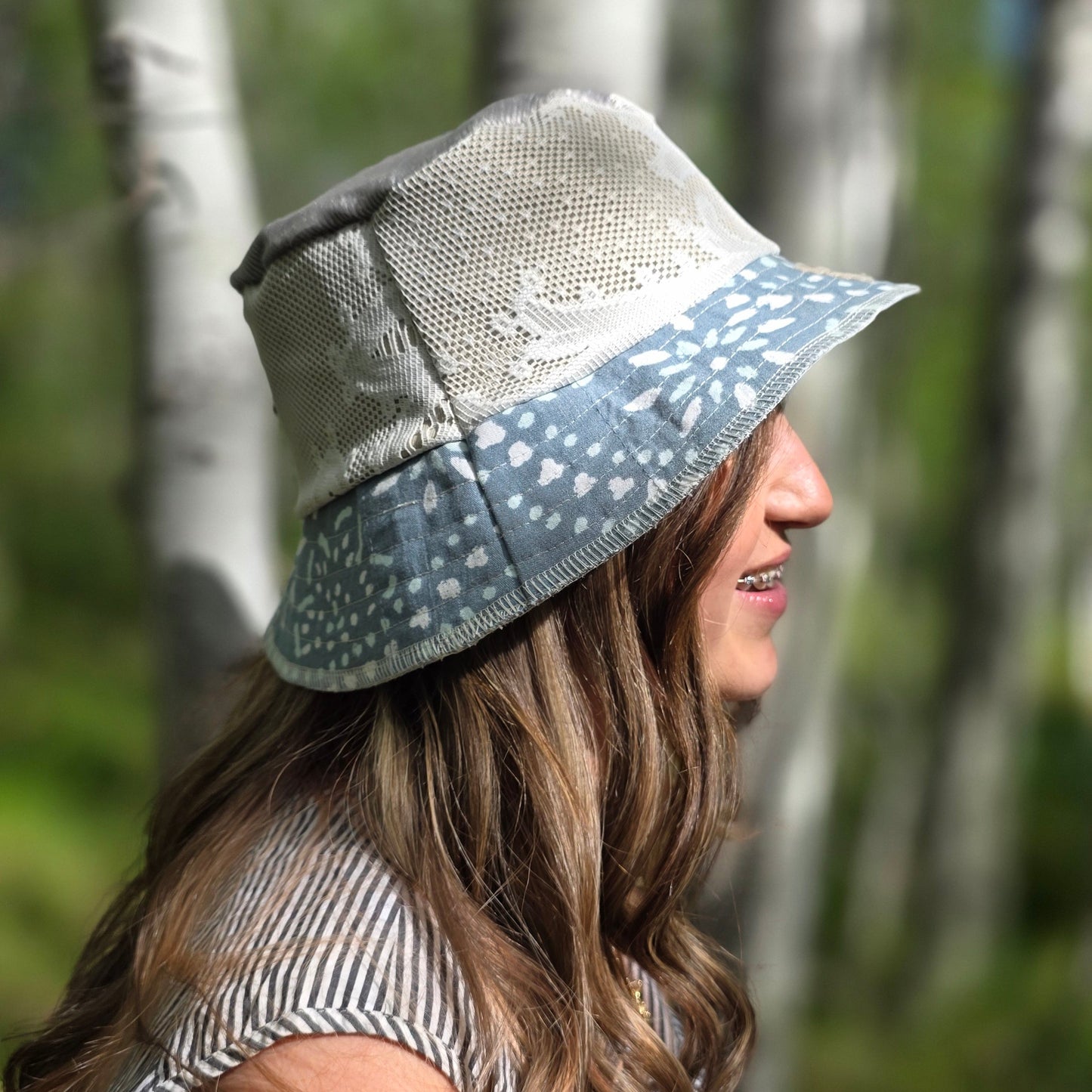 Upcycled Blue Lace denim Reversible Bucket