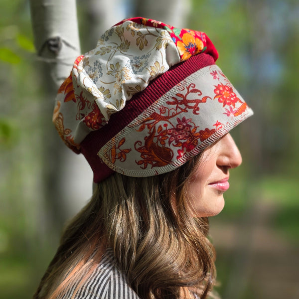 Upcycled Vintage red fabrics stretch Newsboy