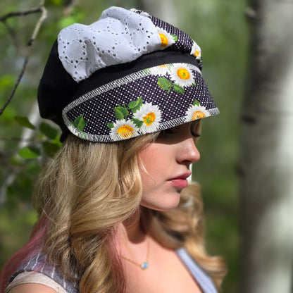 Upcycled Sunflowers and black stretch Newsboy