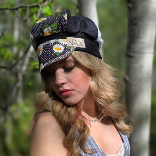 Upcycled Sunflowers and black stretch Newsboy