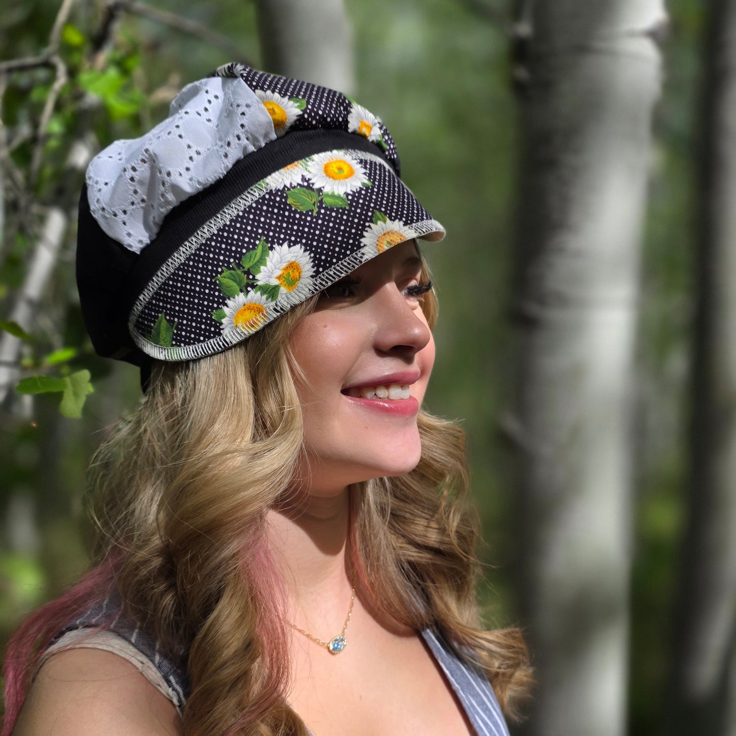 Upcycled Sunflowers and black stretch Newsboy
