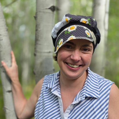 Upcycled Sunflowers and black stretch Newsboy