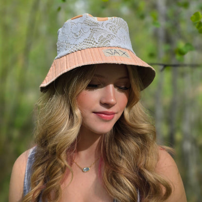 Upcycled Salmon cord and lace Reversible Bucket