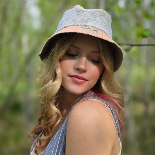 Upcycled Salmon cord and lace Reversible Bucket