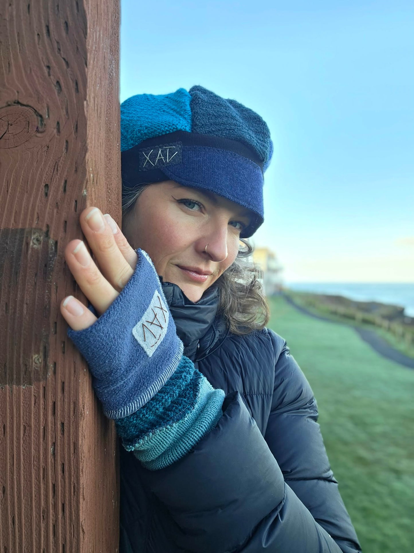 Ocean tones Upcycled sweater Newsboy cap
