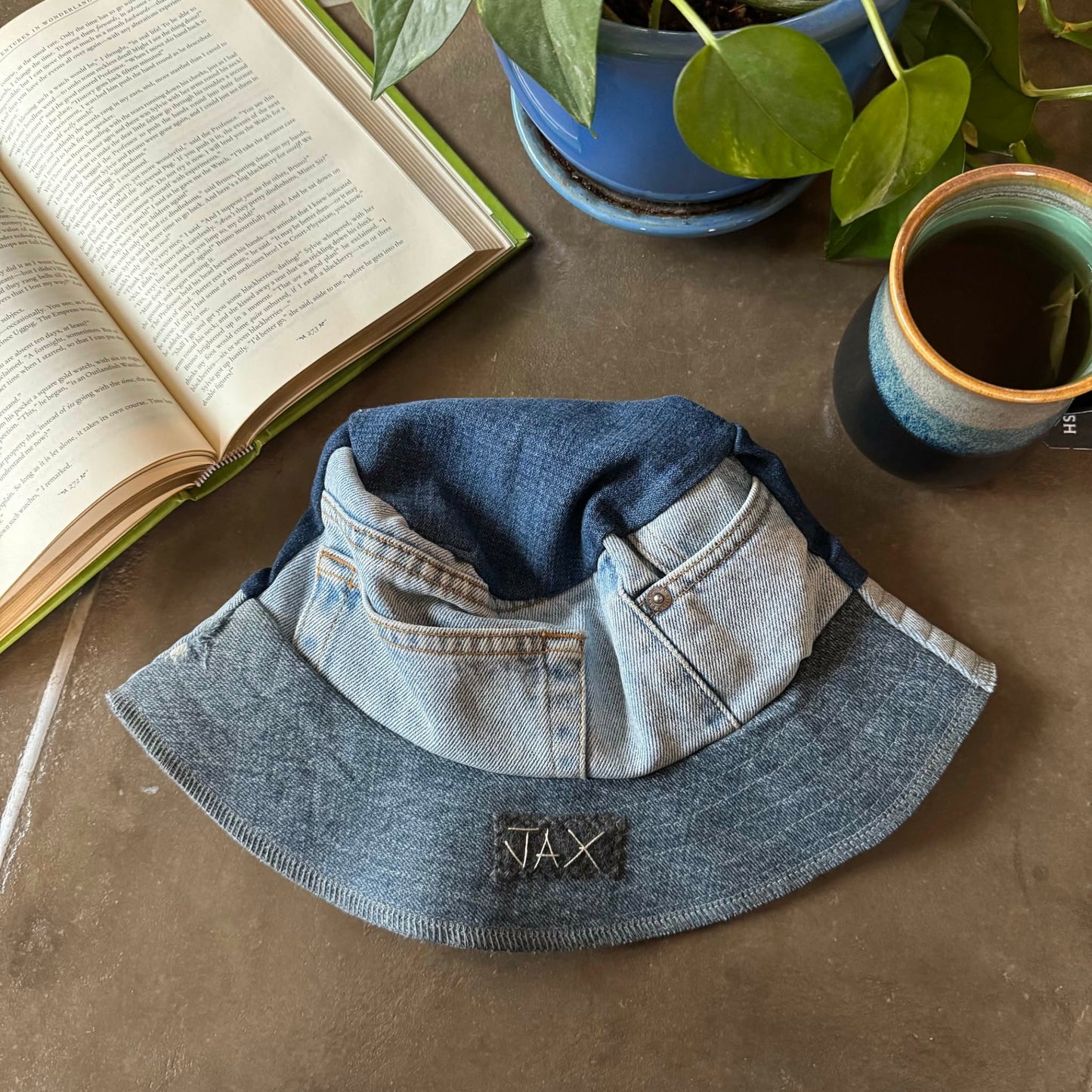 Upcycled Denim turned into an Adult bucket reversible