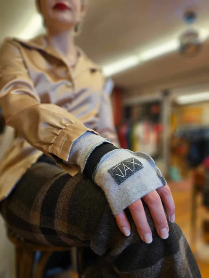 Grey and black upcycled Cashmere fingerless gloves. Rescued and recycled cashmere born again.