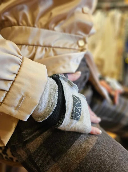 Grey and black upcycled Cashmere fingerless gloves. Rescued and recycled cashmere born again.