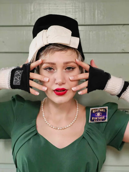 Cream and black upcycled Cashmere fingerless gloves. Rescued and recycled cashmere born again.