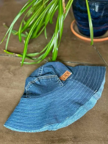 Upcycled Sun hat made with recycled denim jeans. Made in Bend Oregon by Jax Upcycled. jaxhats