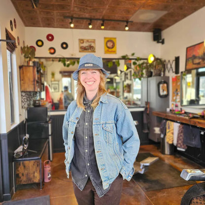 Upcycled Denim turned into an Adult bucket reversible