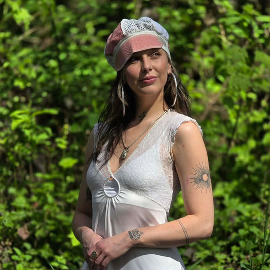 The sweetest Upcycled lace curtain, floral linens Newsboy cap (98% cotton)