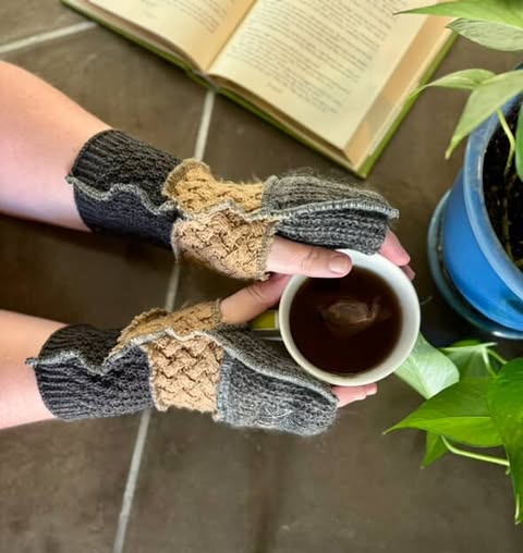 Upcycled grey and camel mix sweaters Fingerless texting gloves