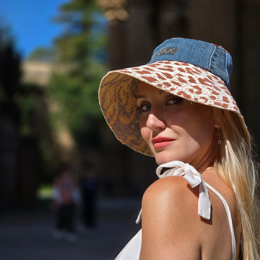 Cheetah warm tone Sun hat with upcycled denim jeans