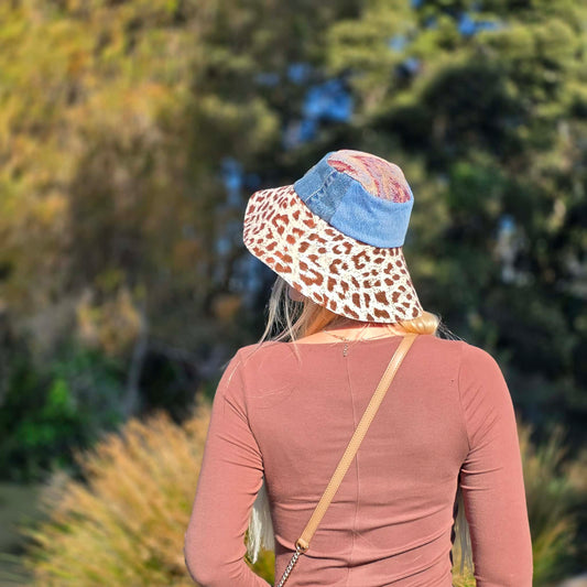 Cheetah warm tone Sun hat with upcycled denim jeans