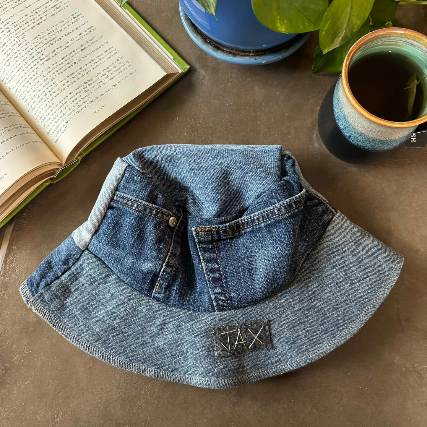 Upcycled Denim turned into an Adult bucket reversible