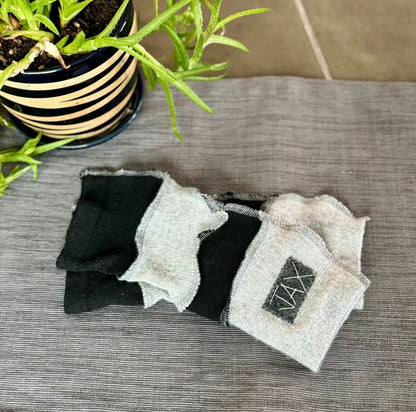 Grey and black upcycled Cashmere fingerless gloves. Rescued and recycled cashmere born again.