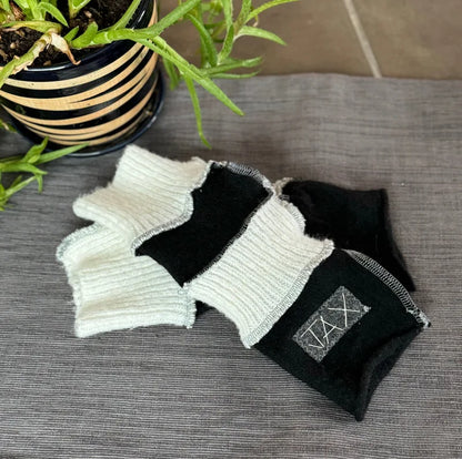 Cream and black upcycled Cashmere fingerless gloves. Rescued and recycled cashmere born again.