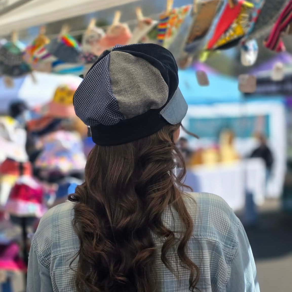 The Spring blue Upcycled men's shirt, and corduroy pants Newsboy cap