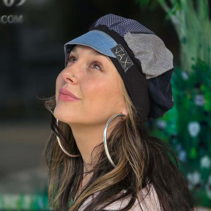 The Spring blue Upcycled men's shirt, and corduroy pants Newsboy cap