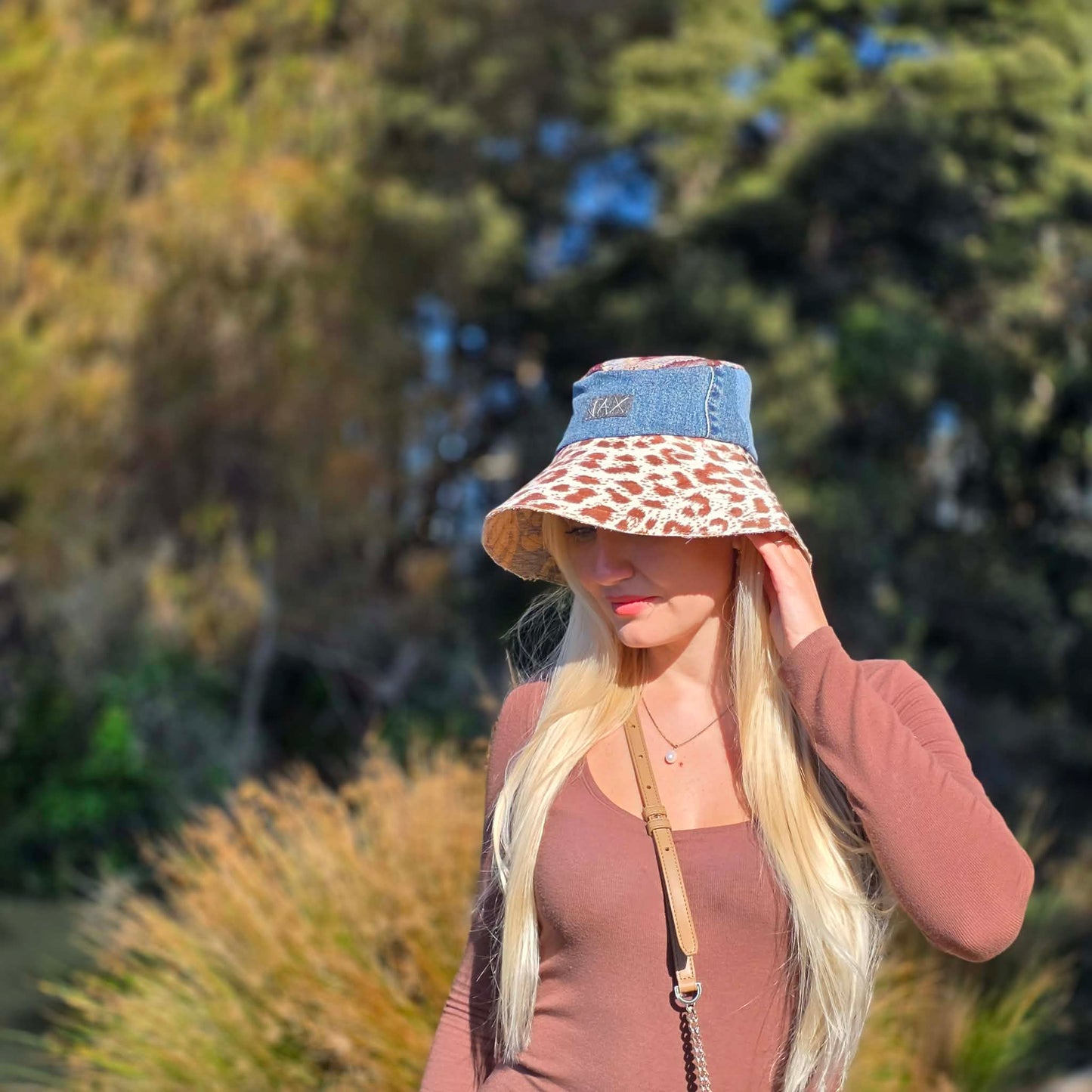 Cheetah warm tone Sun hat with upcycled denim jeans