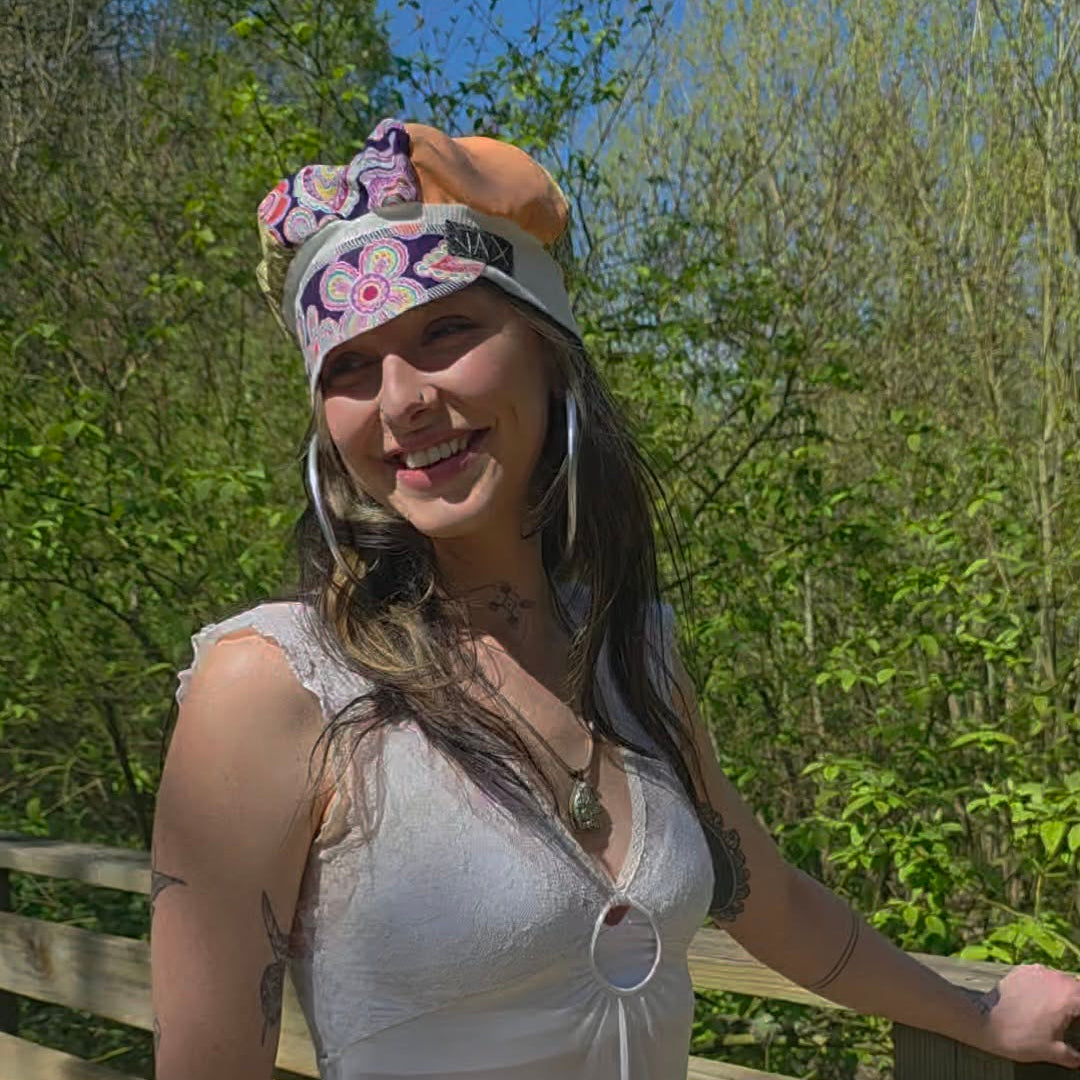 The Spring Purple Floral, green, and orange Upcycled cotton from material used for masks (98% cotton)