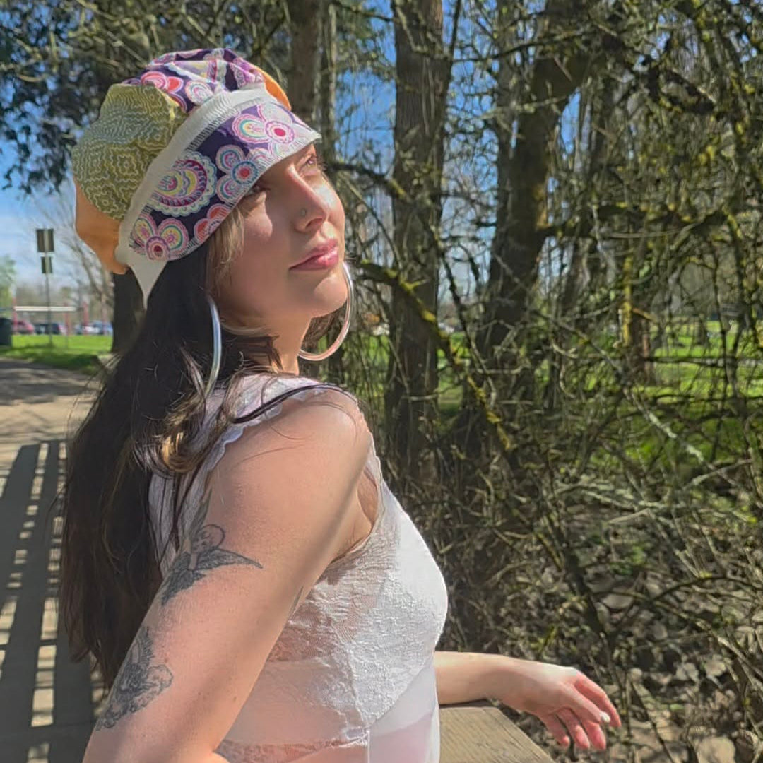 The Spring Purple Floral, green, and orange Upcycled cotton from material used for masks (98% cotton)